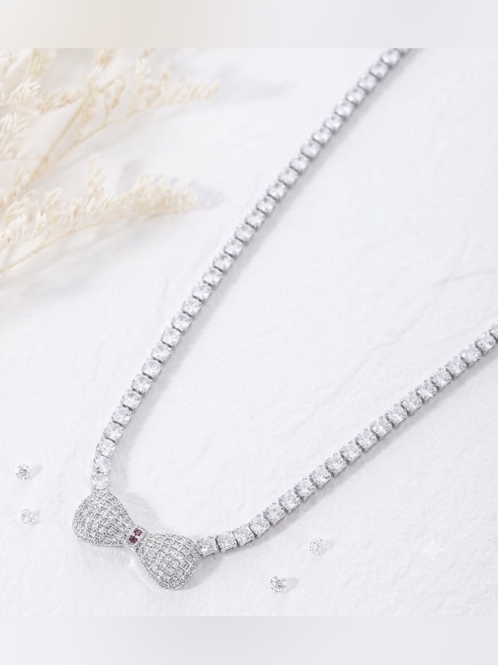 Pavé Bow Tennis Necklace in White with Red Accent